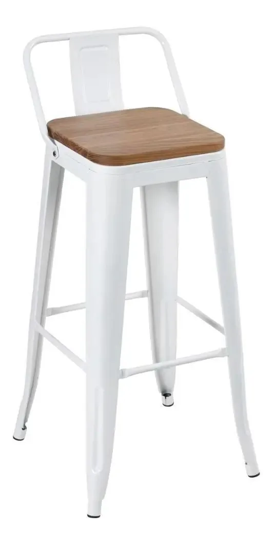 Banqueta Tolix Encosto Assento Madeira Rústica Clara Branco Cor Branco - Madeira rústica clara