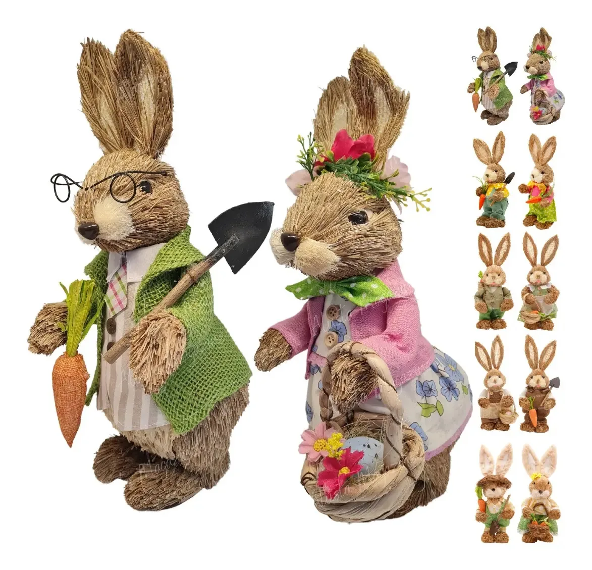 Casal De Coelhos De Páscoa 35cm Em Palha Enfeite Decoração Cor Lavoura