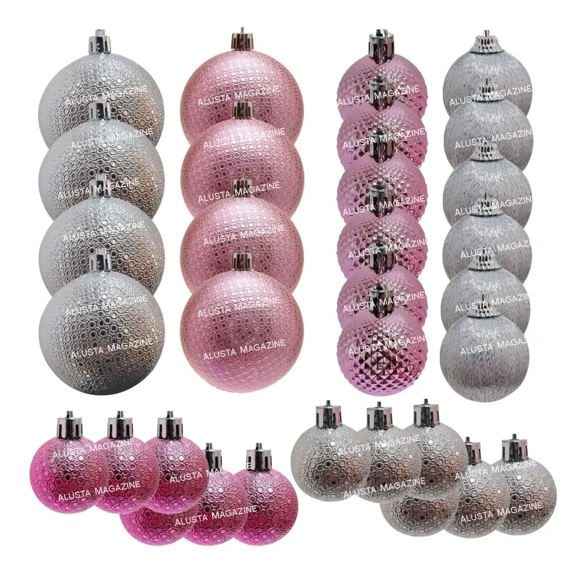 Enfeites para árvores de natal Alusta Kit 44 Enfeites Bolas de Natal / Brilho / Glitter de 4cm x 4cm x 4cm diâmetro de 4cm por kit de 44 u - rosa/prata