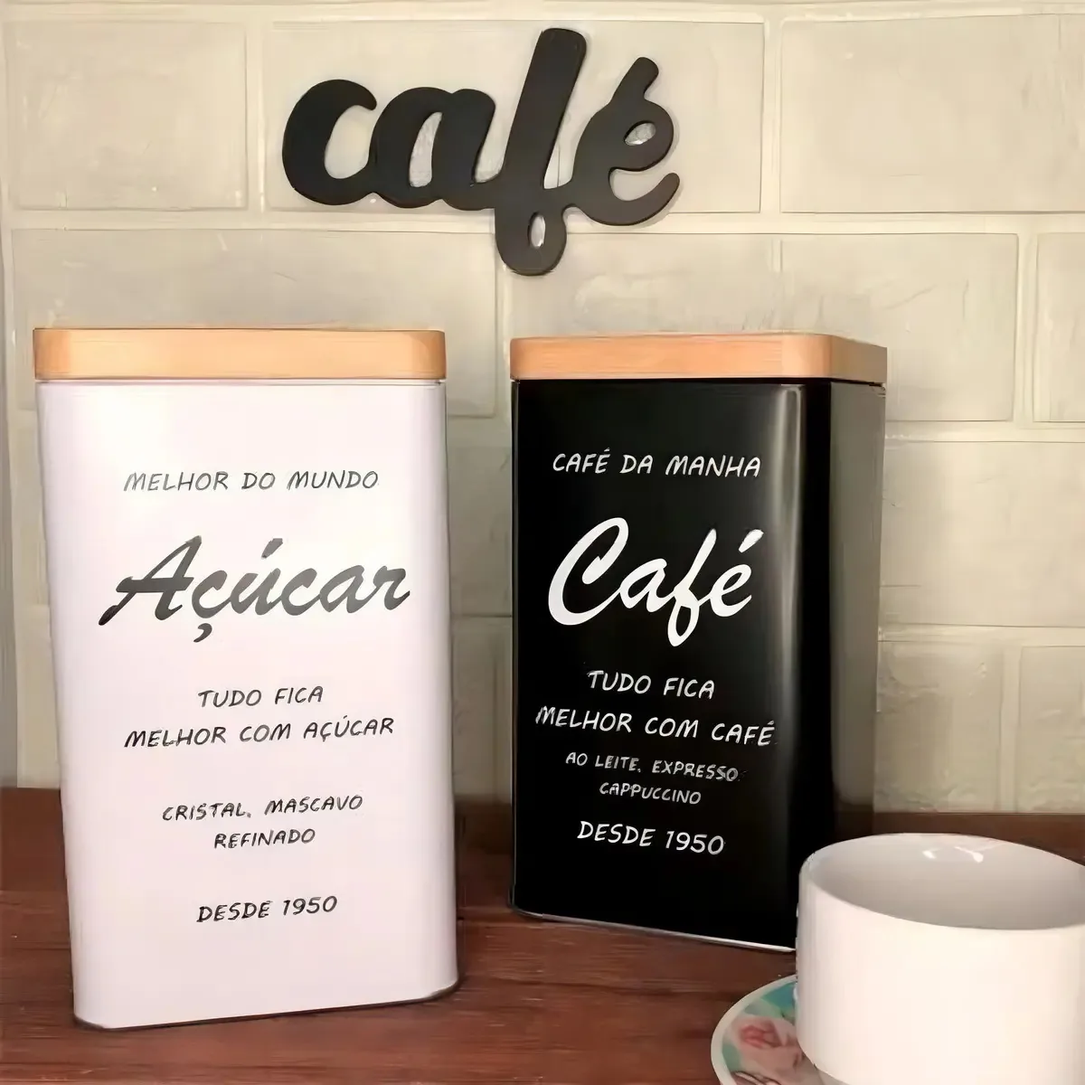 2 Latas Porta Mantimento Açúcar E Café Branca E Preta