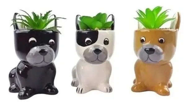 Vaso Decorativo De Cerâmica Cachorrinho Com Suculenta