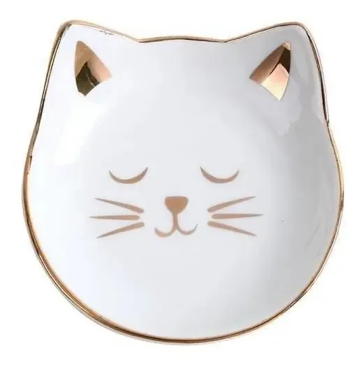 Mini Prato Porta Anel Gatinho Branco E Dourado