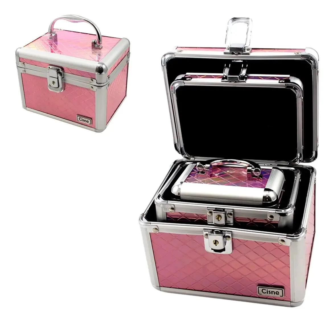 Kit 3 Maletas Para Maquiagem Esmaltes De Manicure Bijuterias Cor Rosa