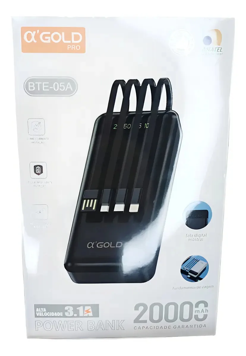 A'Gold Power Bank 20000mAh 4 Cabos Embutidos Preto iPhone USB-C Lightning