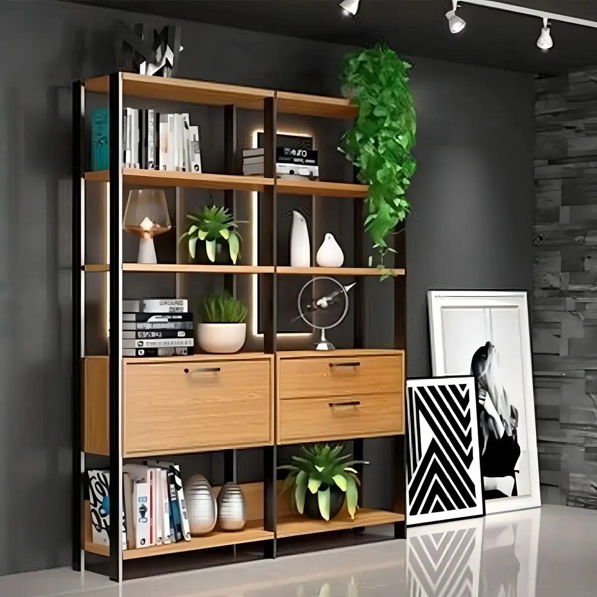 Kit 2 Estantes MDF 1 Porta 2 Gavetas Freijó/Preto Fosco