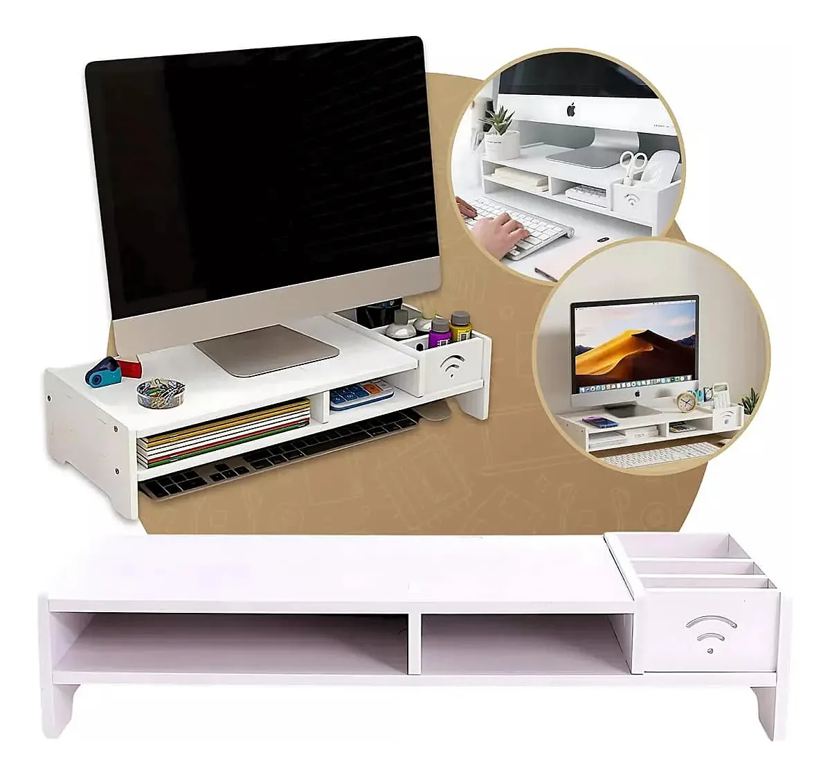 Base Monitor Ergonômico Tela Pc Mesa Escritório Mdf Madeira Cor Branco