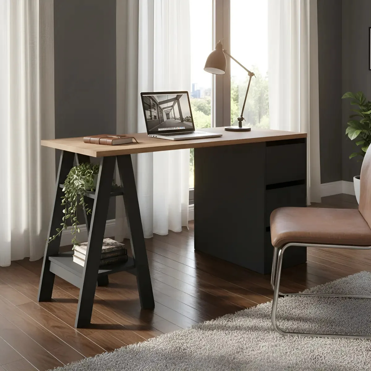 Mesa de mesa PC 3 gavetas Quarto de escritório moderno LG cor preto/marrom