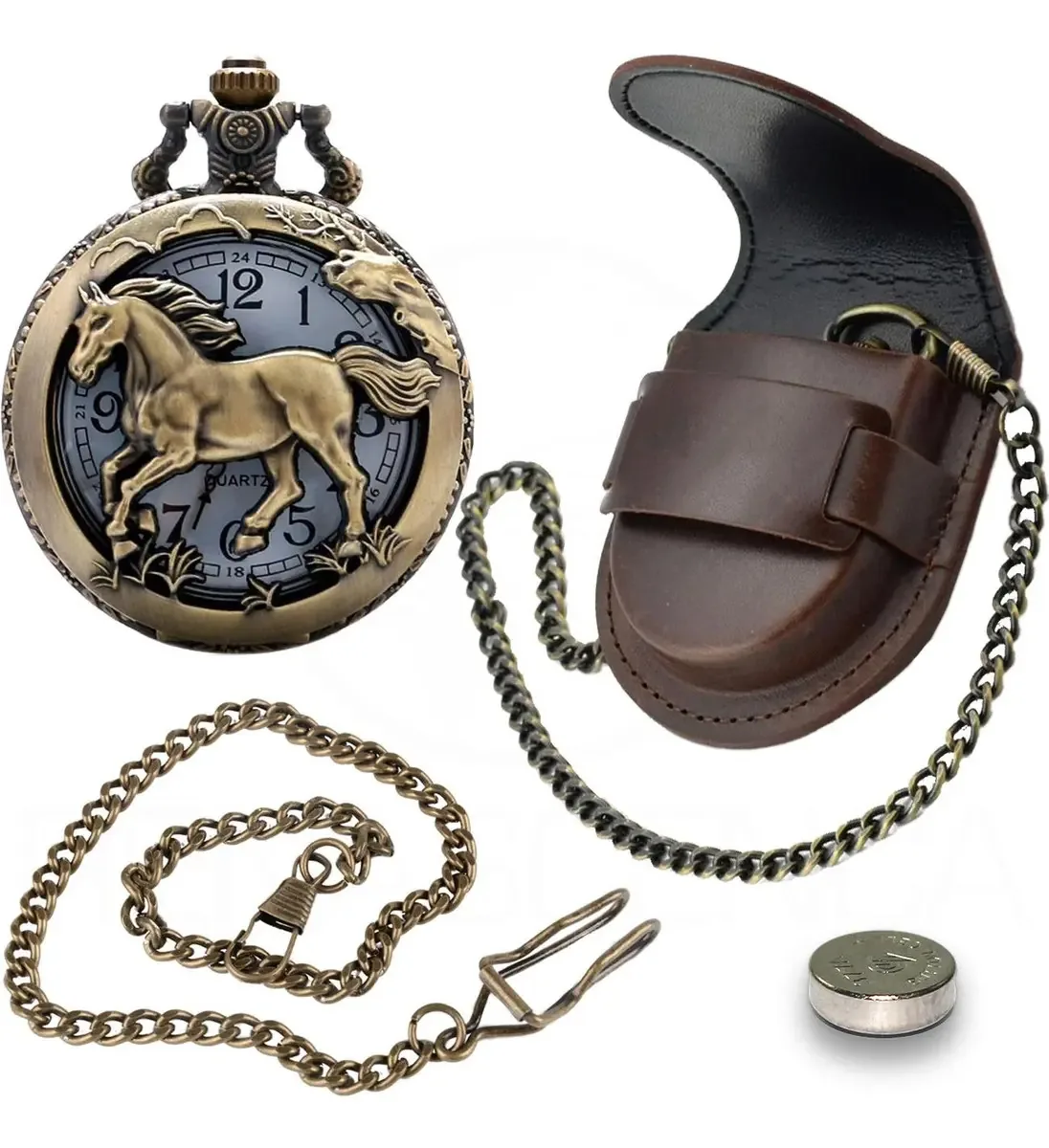 Relógio De Bolso Mustang Cavalo Corrente Clip Capa De Couro