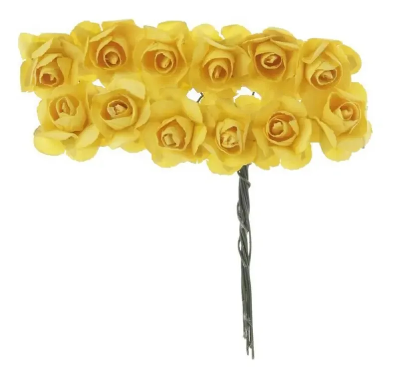 72 Unidades Mini Botão De Rosa Em Papel Amarelo