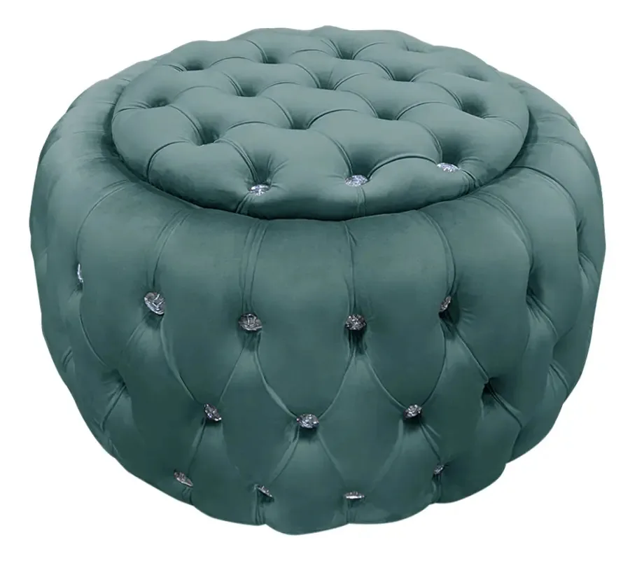 Puff Quartzo Com Baú Capitonê Strass Material Veludo Ciano