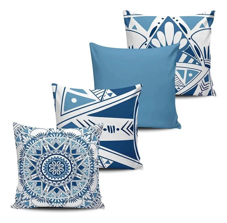 Kit 4 Almofadas Decorativa Mandala Asteca Azul Claro 45x45cm
