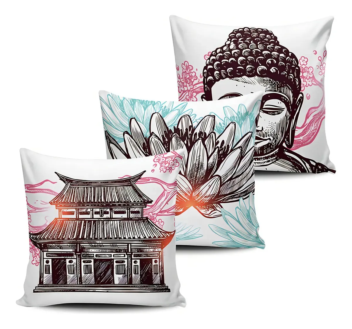 Kit 3 Almofadas Decorativas Buda Templo Japones 45x45cm