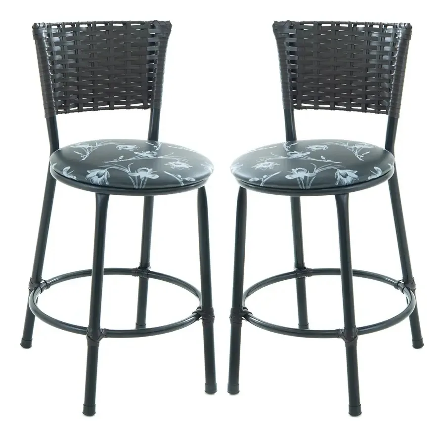 Kit 2 Banqueta Baixa Junco Tabaco Estilo E Conforto Cor Preto Florido