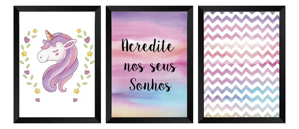 Kit De Quadros Decorativos 3 Frase Unicórnio