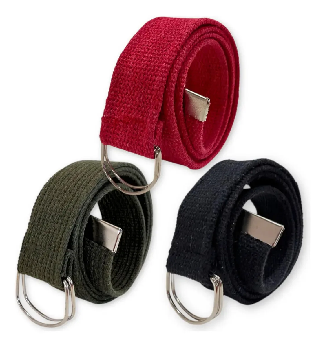 Atacado Kit 3 Cintos Masculinos Lona Argola Dupla Premium + Cor Preto | Vermelho | Verde Tamanho 105
