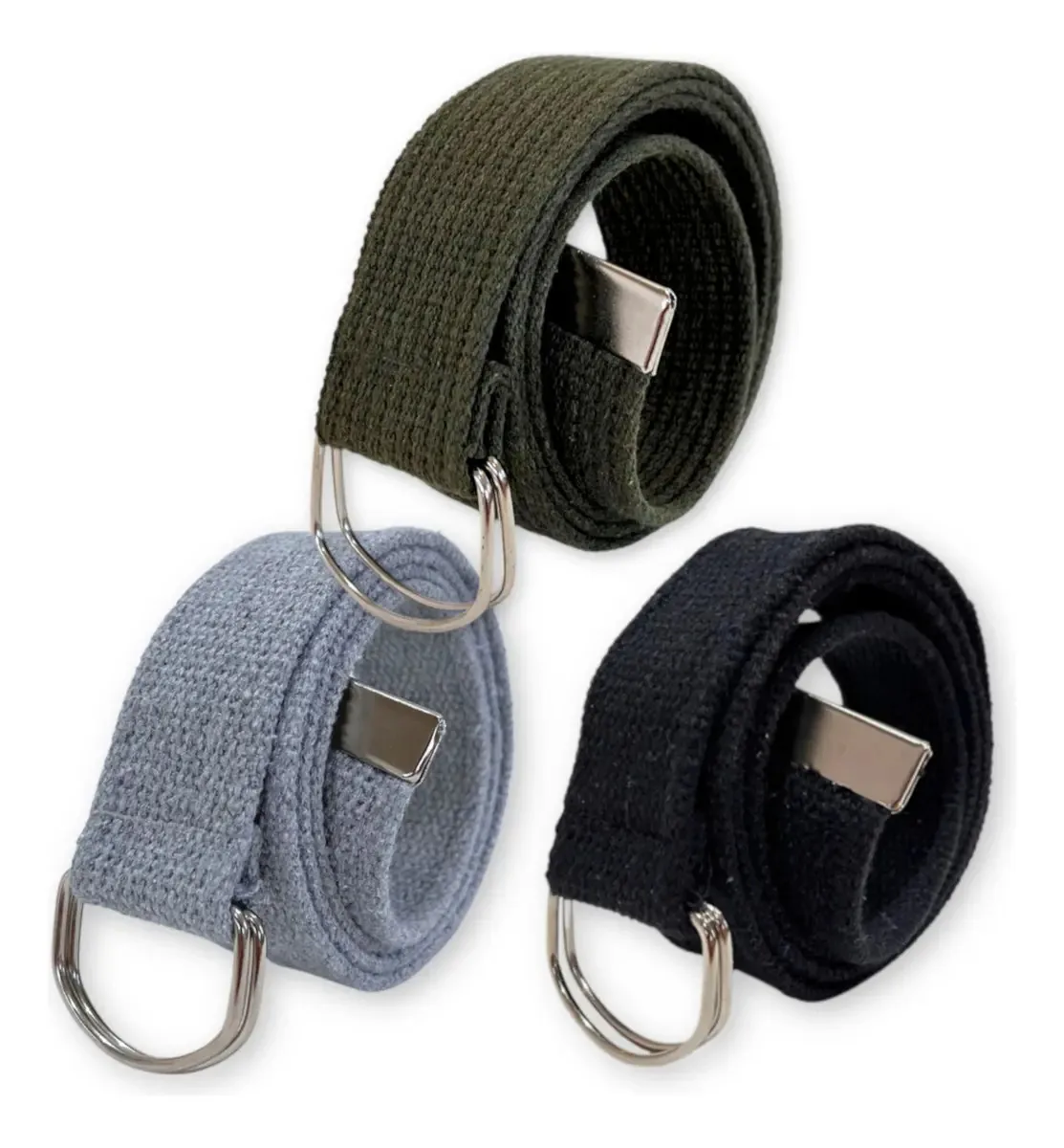 Atacado Kit 3 Cintos Masculinos Lona Argola Dupla Premium + Cor Preto | Cinza | Verde Tamanho 105