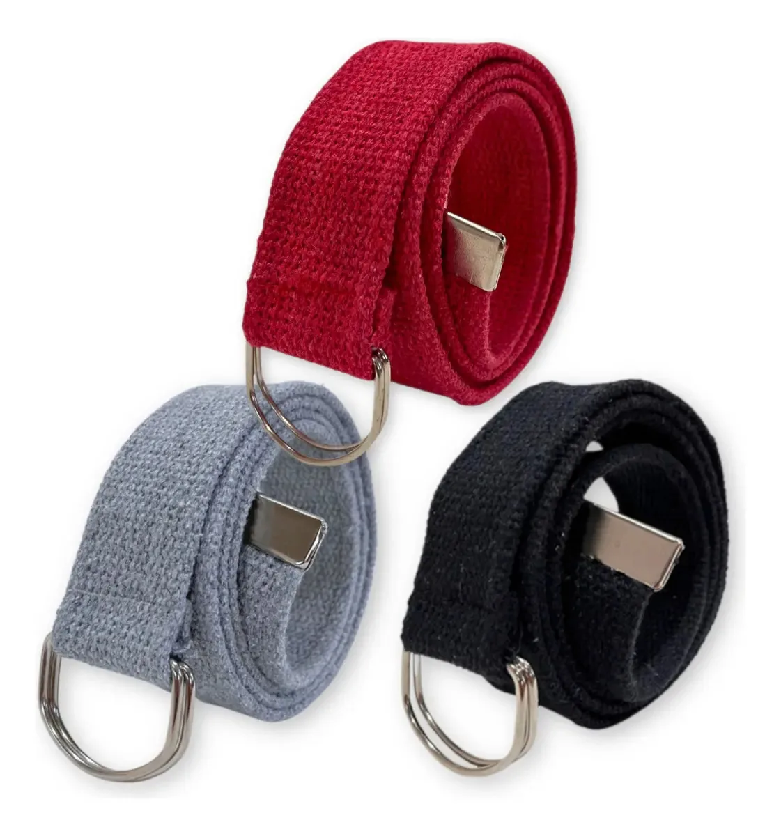 Atacado Kit 3 Cintos Masculinos Lona Argola Dupla Premium + Cor Preto | Vermelho | Cinza Tamanho 115