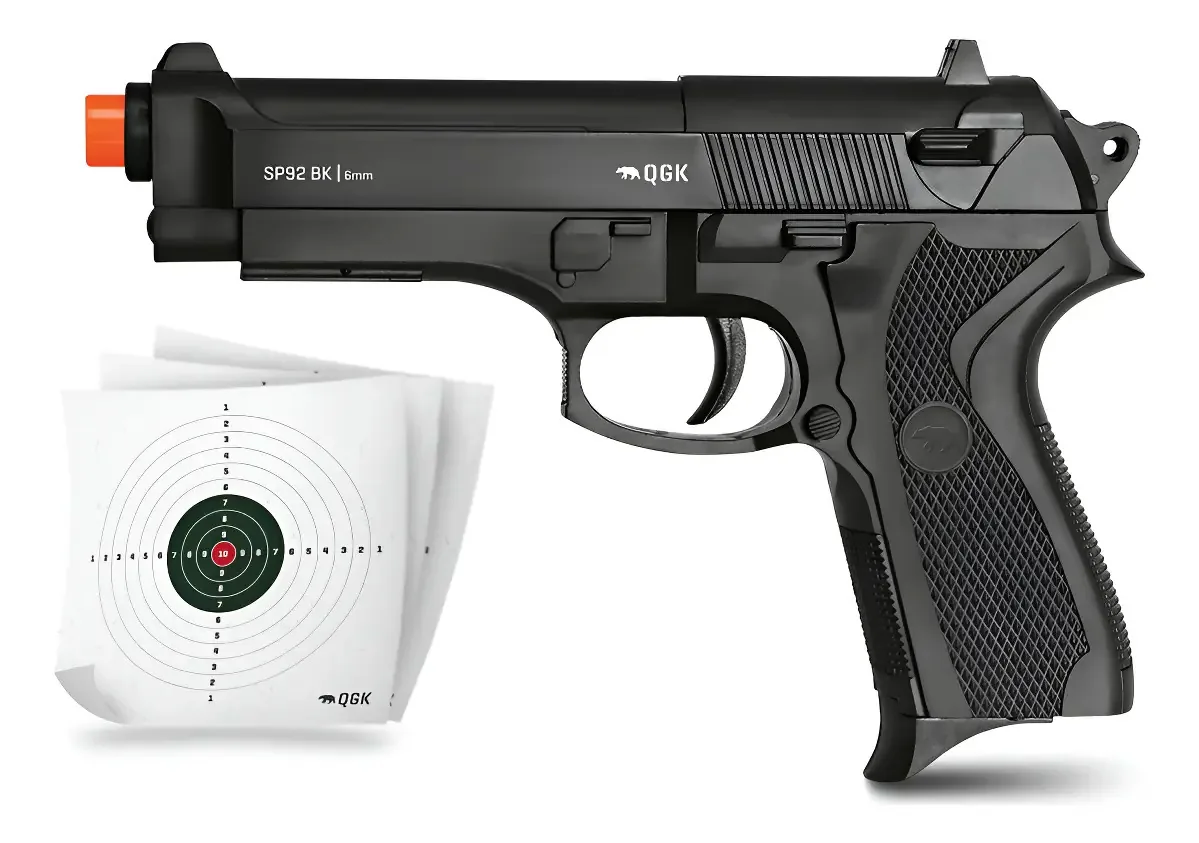 Pistola De Airsoft Spring Sp92 6mm Qgk + Alvo Preto 6 Mm