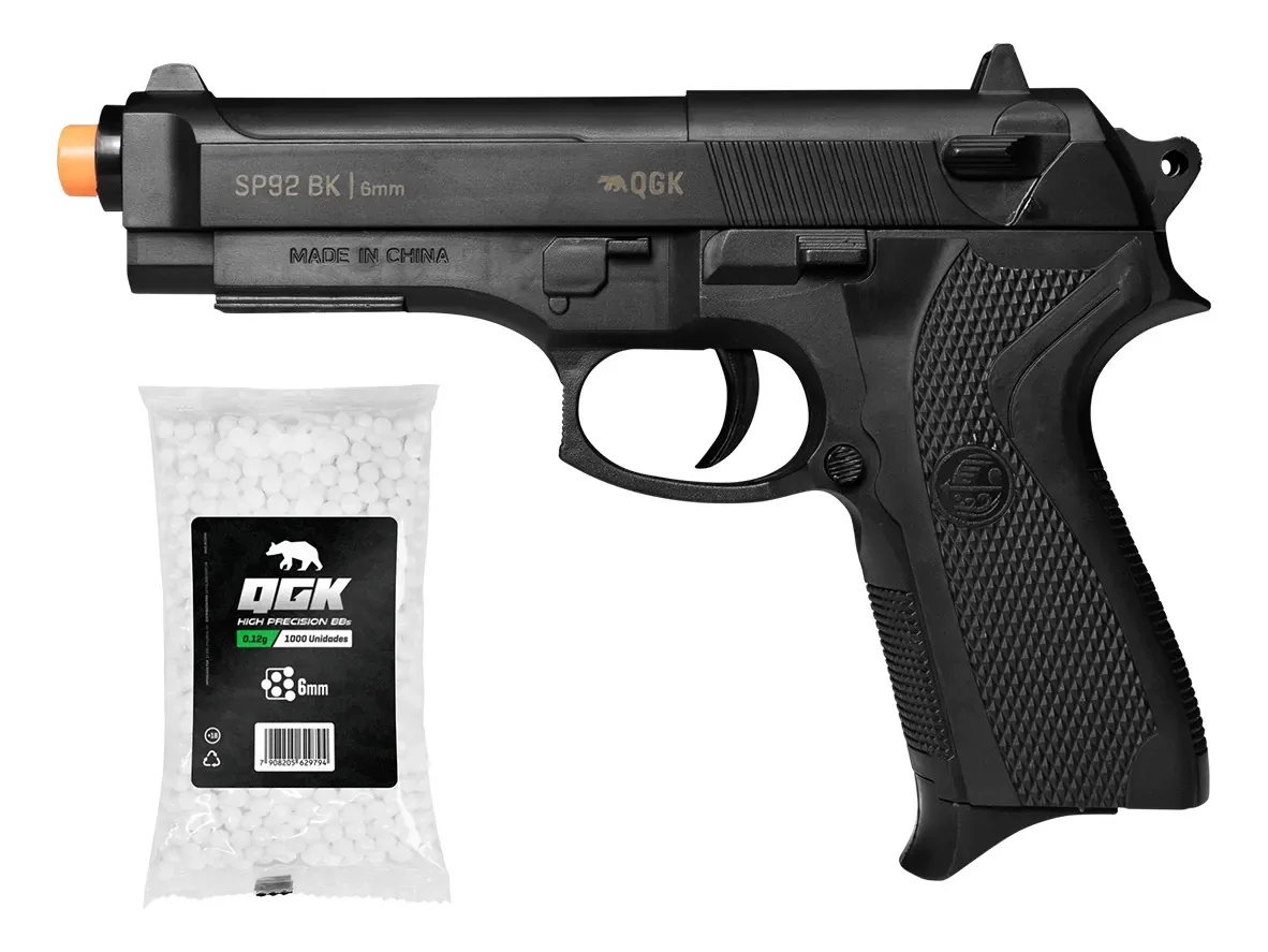 Pistola De Airsoft Spring Sp92 6mm Qgk + 1000 Bbs Preto 6 Mm