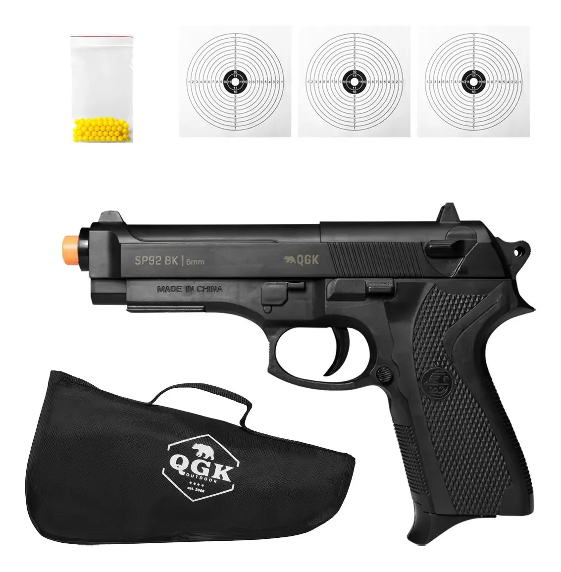 Pistola De Airsoft Spring Sp92 6mm Qgk + Capa + Bbs + Alvos Preto 6 Mm