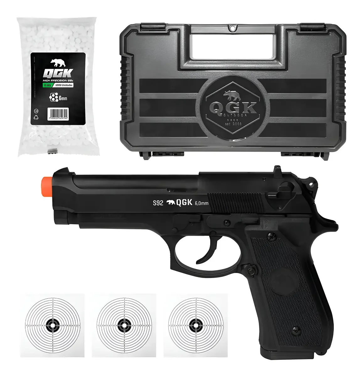 Pistola Airsoft Spring S92 6mm + Maleta + 1000 Bbs + Alvo - Preto - 6 Mm