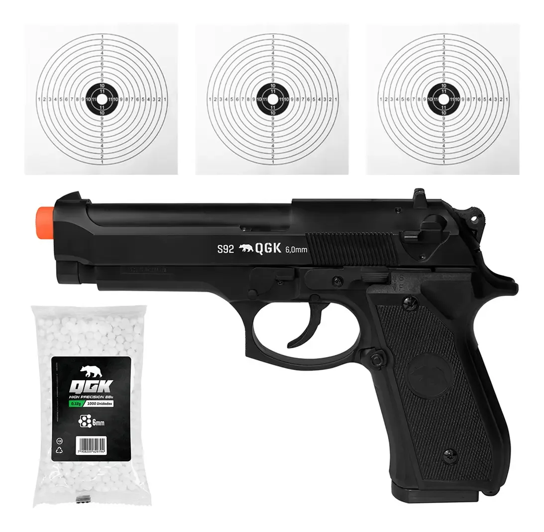 Pistola De Airsoft Spring S92 6mm Qgk + 1000 Bbs + Alvo - Preto - 6 Mm