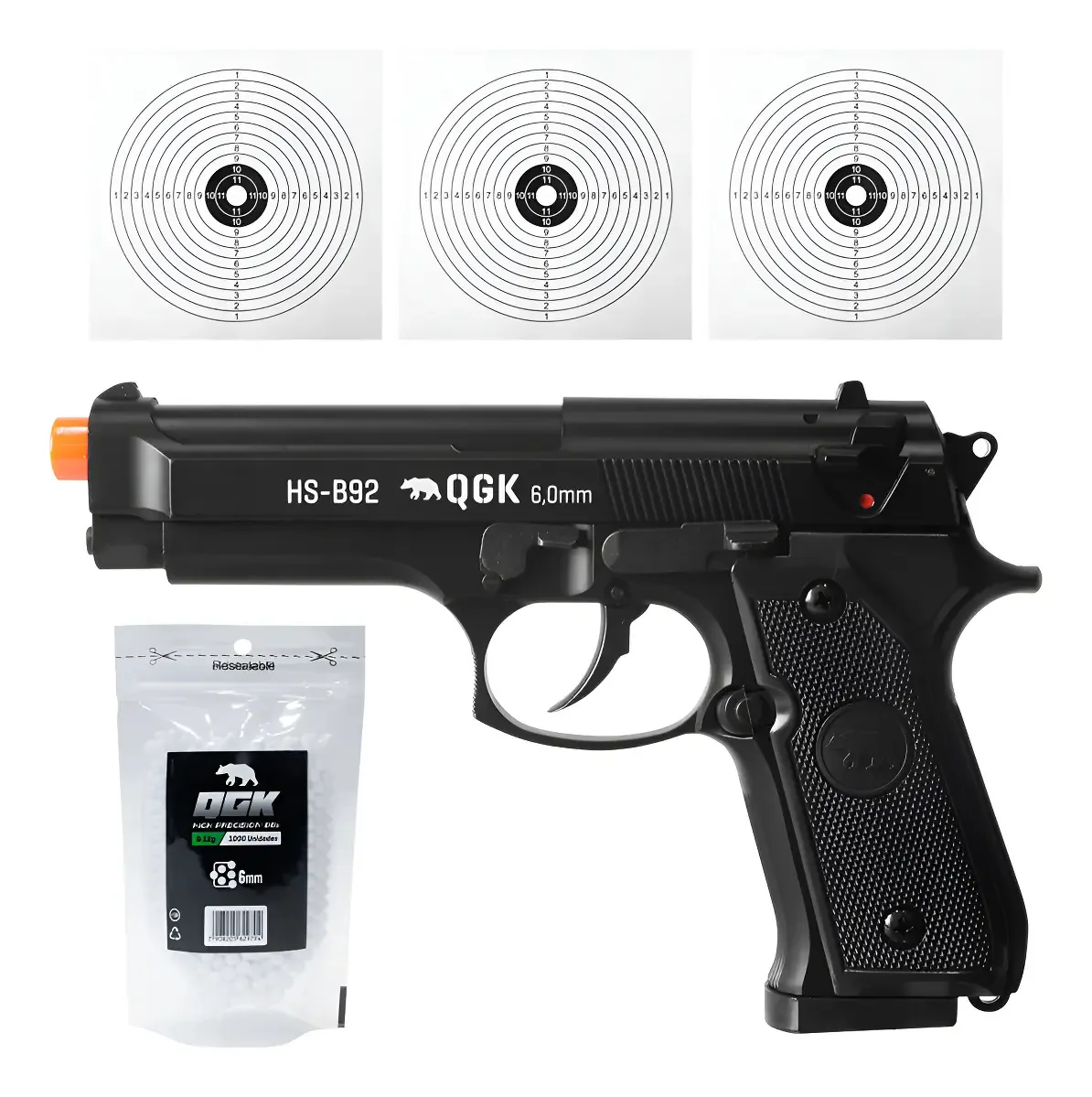 Pistola De Airsoft Spring Hs-b92 6mm + 1000 Bbs + Alvo Preto 6 Mm