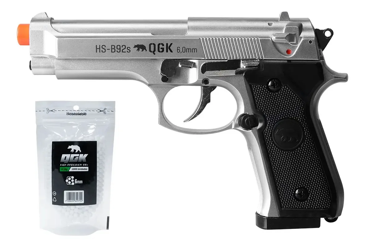 Pistola De Airsoft Spring Hs-b92s 6mm + 1000 Bbs Prateado 6 Mm
