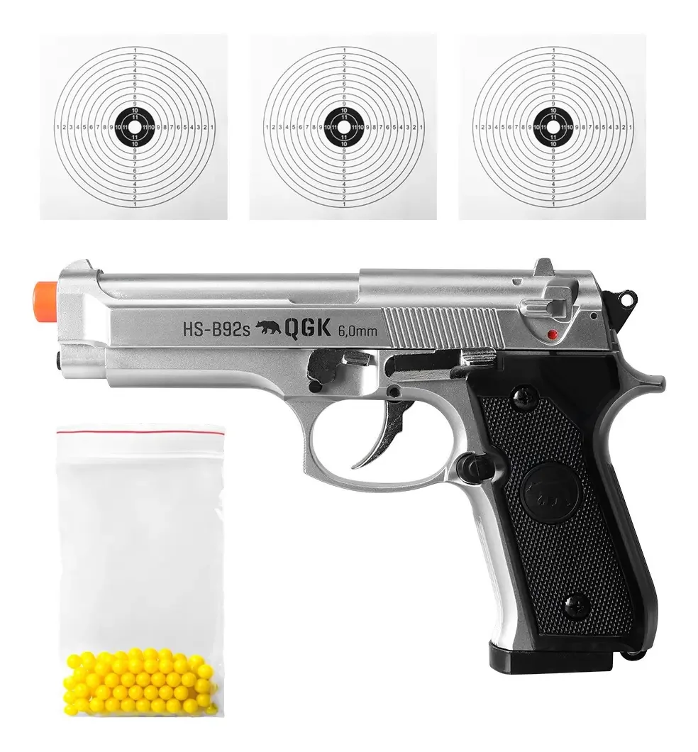 Pistola De Airsoft Spring Hs-b92s 6mm + Bbs + Alvo Prateado 6 Mm