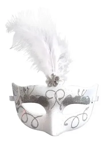 Kit 40 Máscaras Branca C/ Glitter E Pena Cor Branco Veneziana