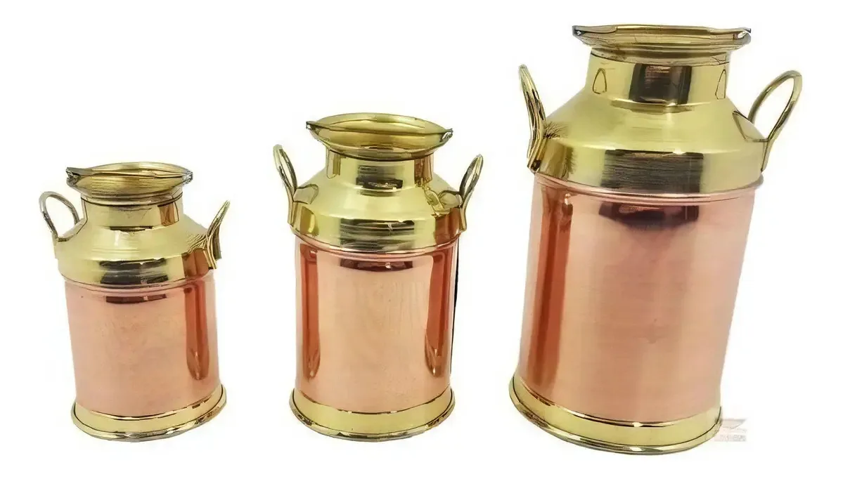 Trio De Leiteira Em Cobre Com Alças Em Latão P