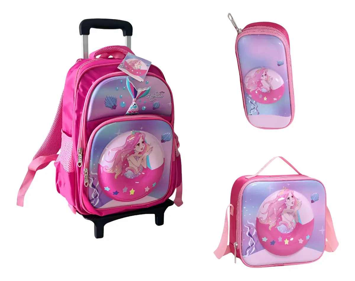 Kit Mochila De Rodinha Estojo Lancheira 3d Sereia