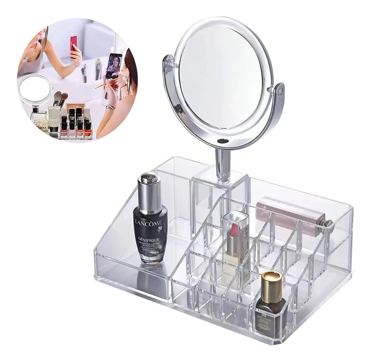 Organizador Porta Maquiagem Cosméticos Acrílico Espelho Mesa