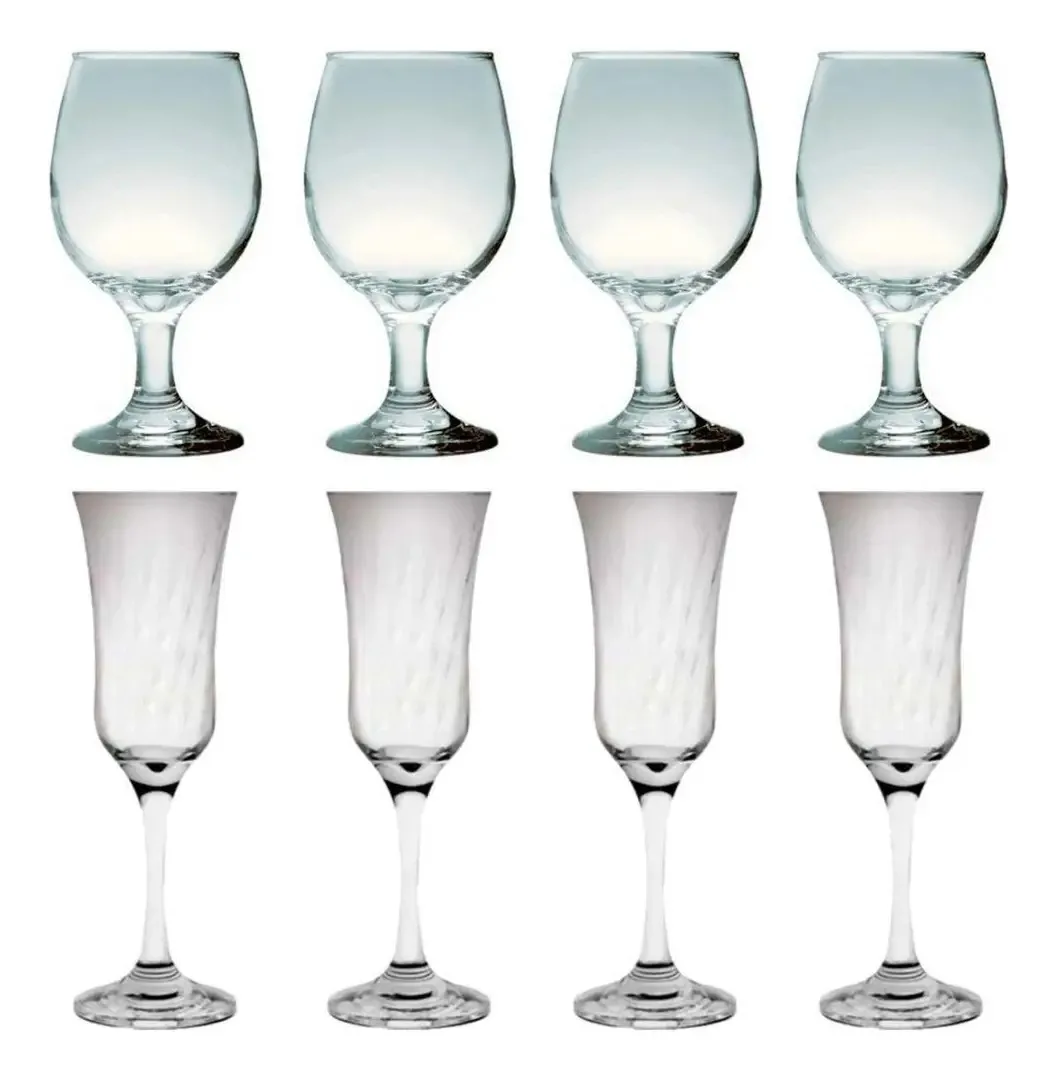 Kit Com 4 Taças Vinho Tinto E 4 Taças Lírio Champanhe 180ml