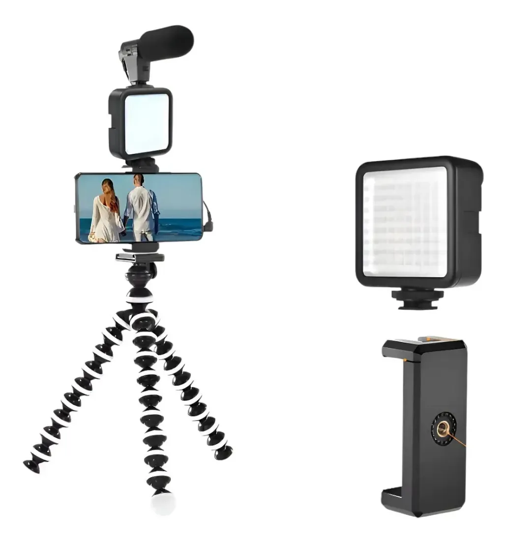Tripé Tomate MTG-5555 Preto Com Luz Led Microfone e Suporte para Celular - Pés Flexíveis Para Criadores E Youtubers