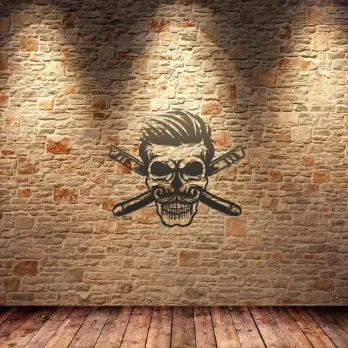 Quadro Decorativo Parede Barbearia Caveira Navalha 60cm