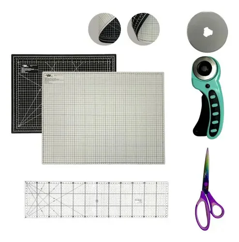 Kit Bases De Corte Patchwork 60cm Tesoura Régua 60 Cortador Cor Base Preta E Cinza Cl45t