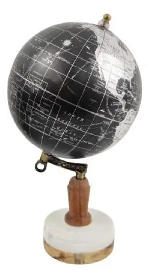 Globo Terrestre Preto E Prata 29x17cm Madeira Mármore
