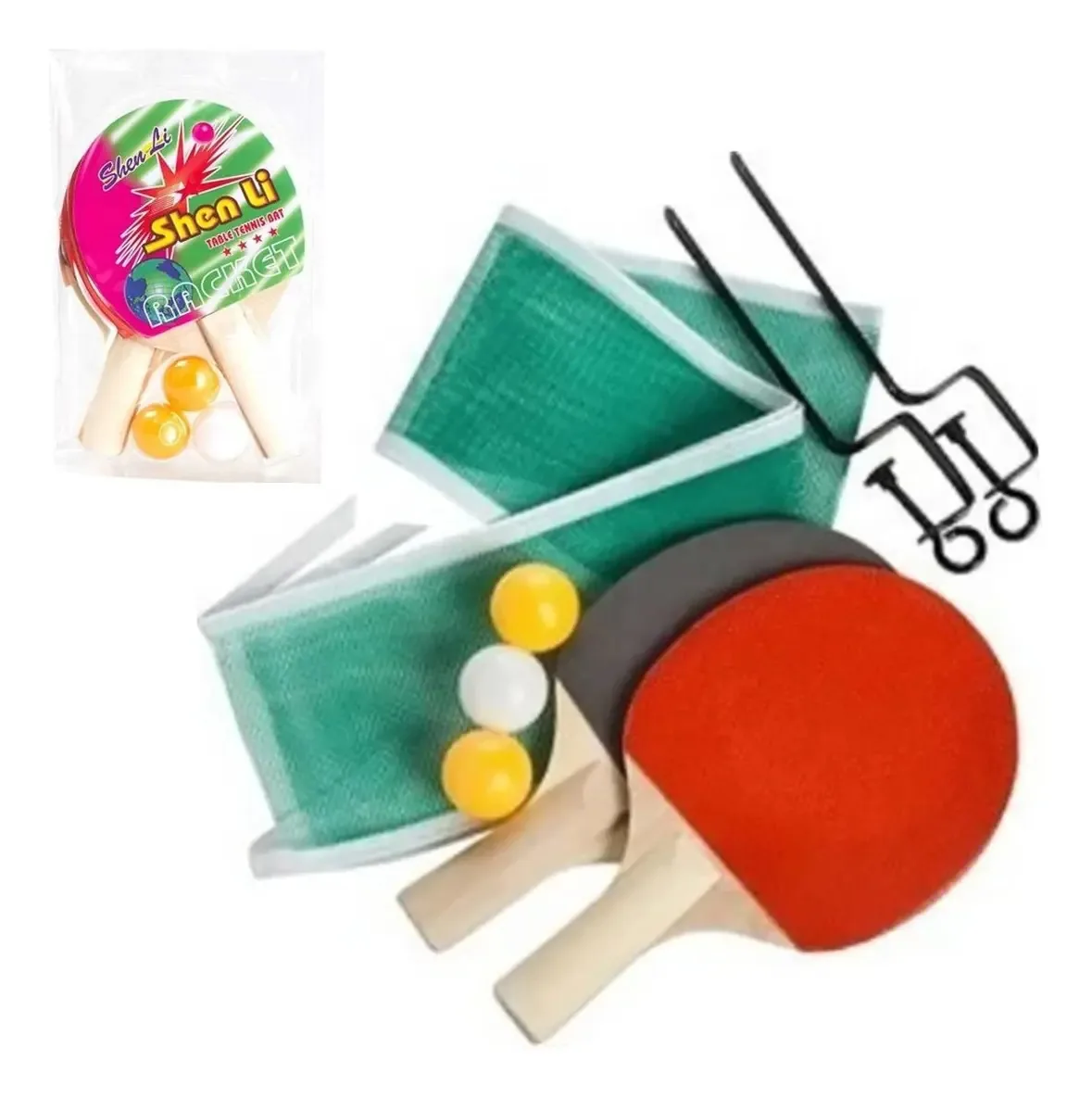 Kit Ping Pong Tenis Mesa C/2 Raquetes 3 Bolas Rede E Suporte