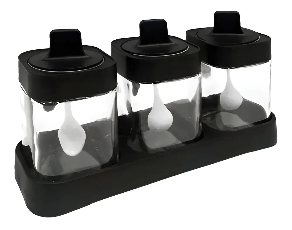Porta Temperos Triplo M&C Preto Plástico Potes Vidro 400ml