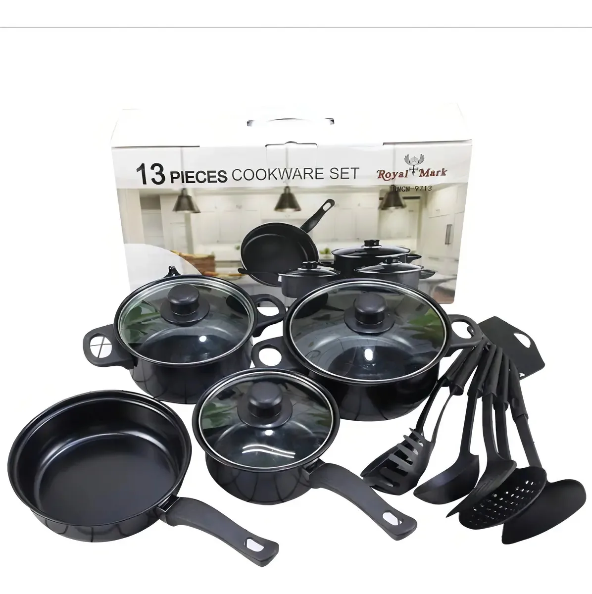 Jogo Panelas Grandes Kit 10 Antiaderente Teflon Tampa Vidro Cor Preto