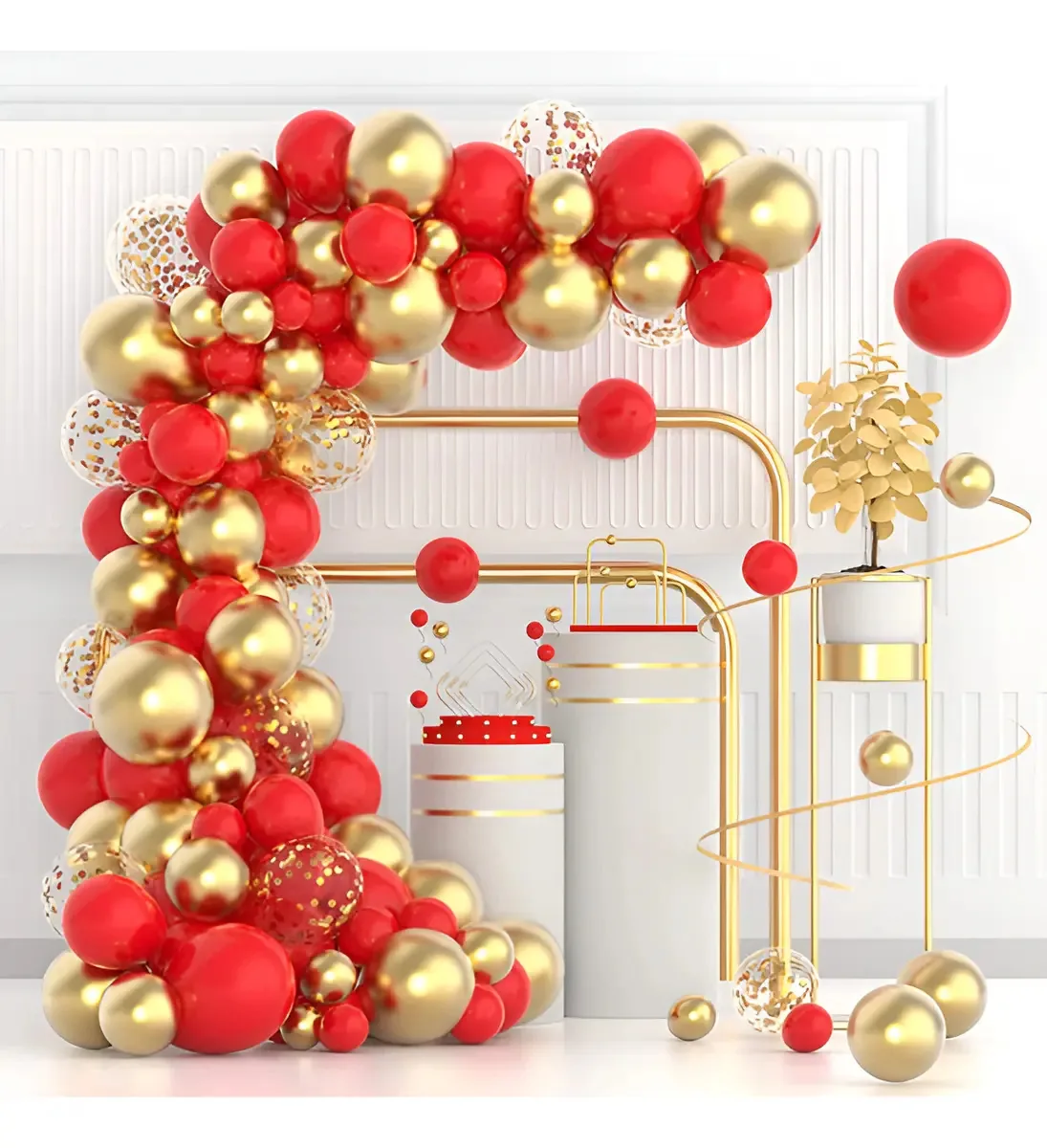 Kit Arco Desconstruído 200 Balões Vermelho e Dourado Tranoy