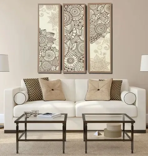 Quadros Decorativos Mandala Bege 3 Peças Para Sala