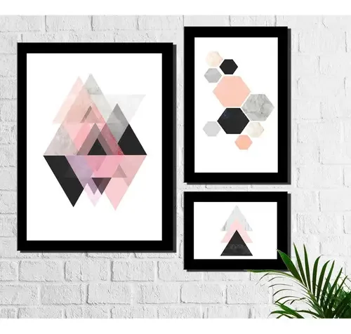 Kit 3 Quadros Decorativos Geométricos Triângulos Rosa