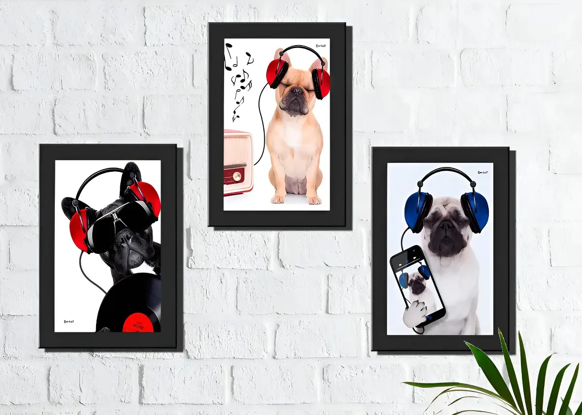Kit 3 Quadros Decorativos Cachorros Música