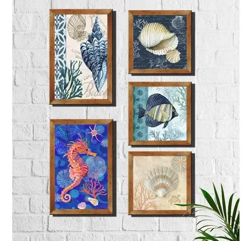 Kit 5 Quadros Decorativos Fundo Do Mar