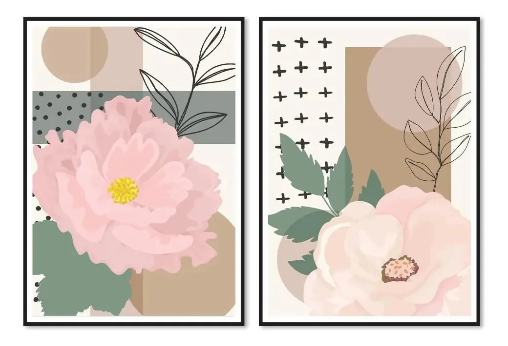 Kit 2 Quadros Decorativos Flores Rose
