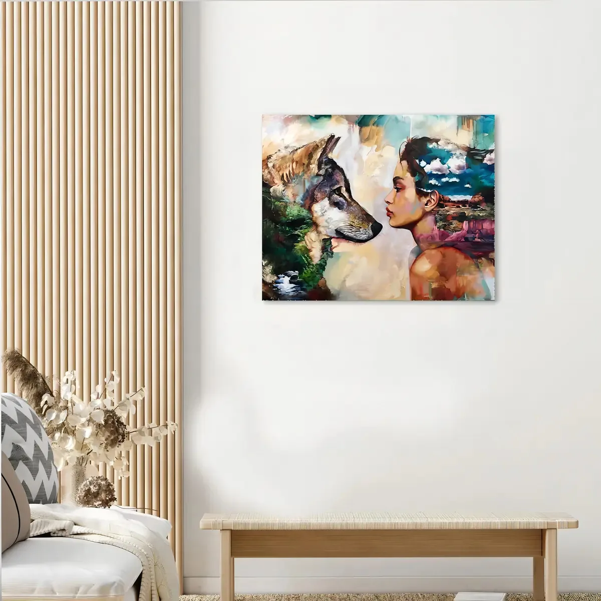 Quadro Decorativo Arte Quadro Mulher E Lobo Colorido