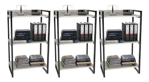 Kit 3 Estantes Livreiro Prisma Estilo Industrial 60cm 3 Prat Branco