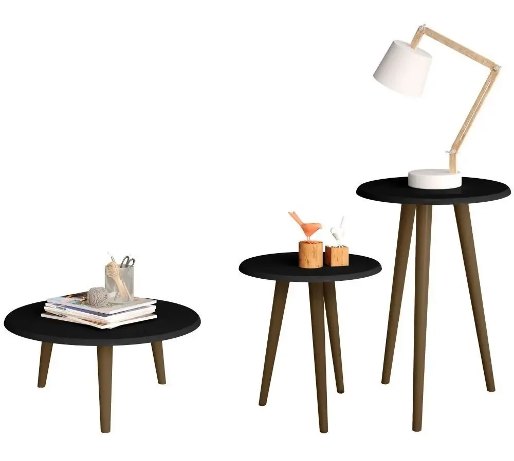Conjunto Mesa Centro Mesas Laterais Brilhante Pto - Bechara Cor Preto